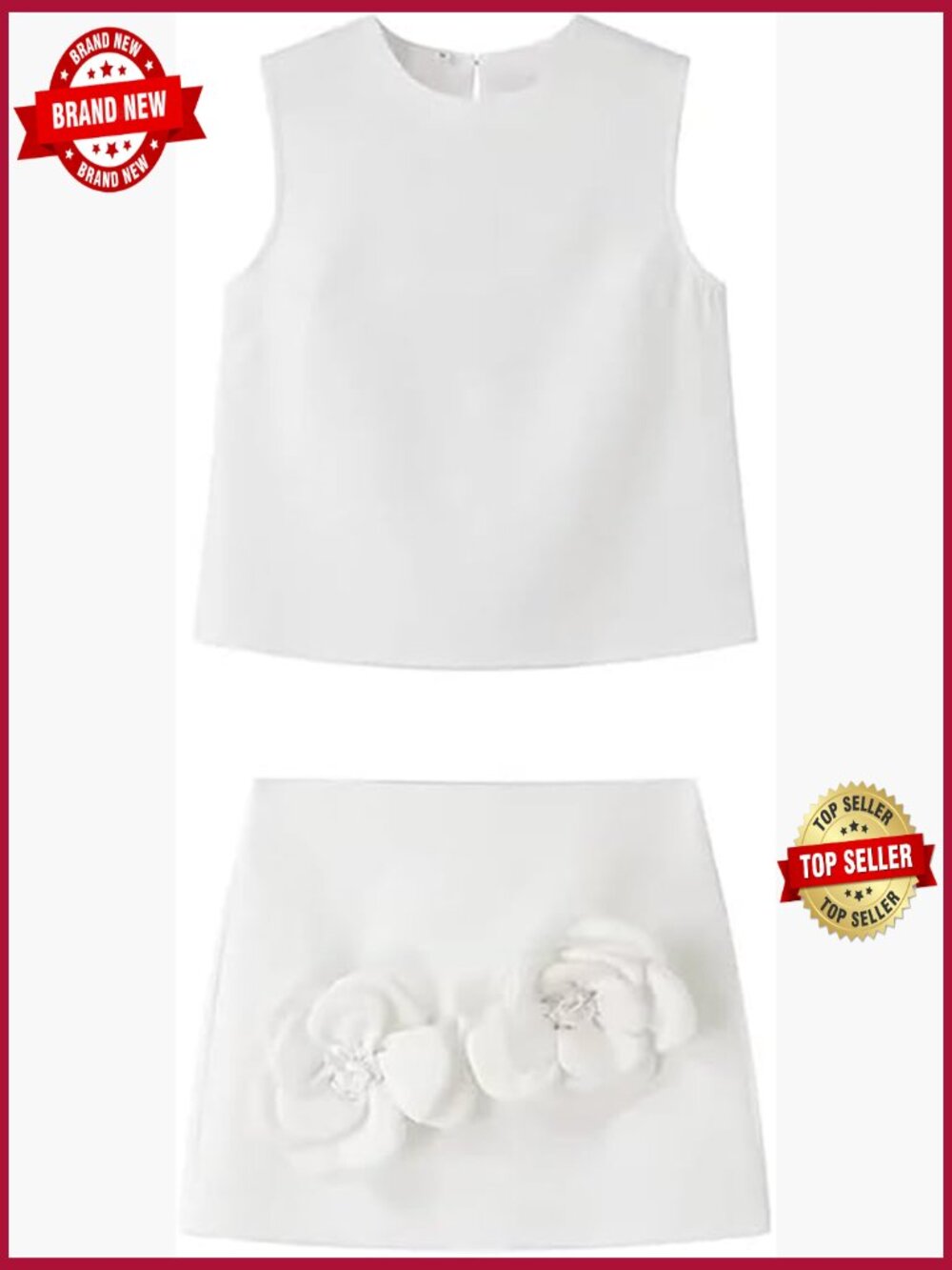 Two Piece Skirt Set Sleeveless Crop Top and Mini Skirt 3D Floral Short Set